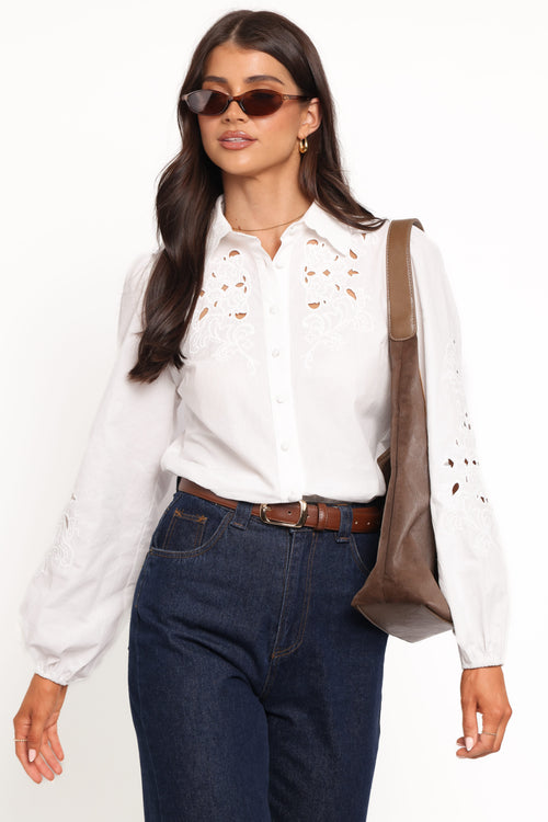 Aeloria Button Front Shirt - White Embroidery