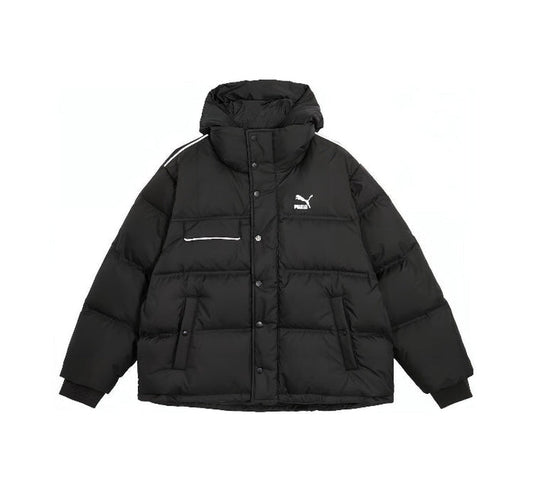Black hooded puffer down jacket with front zipper and Puma logo