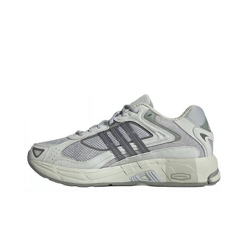 Adidas sneaker, gray mesh upper with three black side stripes and lace-up.