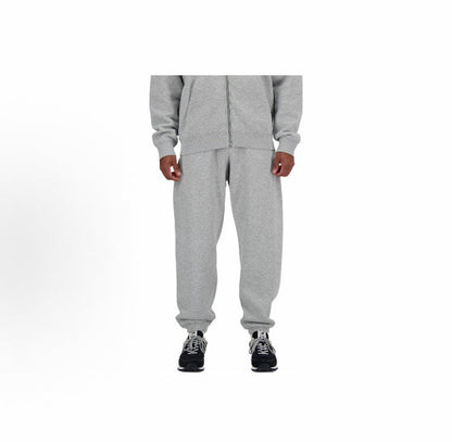 Grey fleece jogger pants with drawstring waist and tapered cuffs
