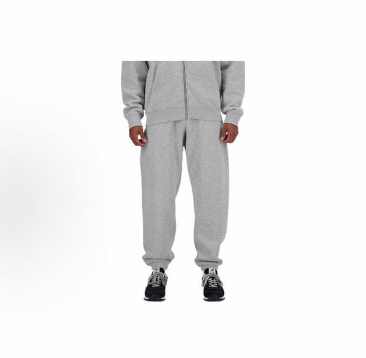 Grey fleece jogger pants with drawstring waist and tapered cuffs