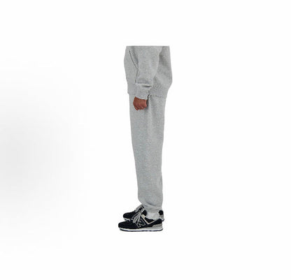 Heather grey fleece jogger pants, side view with cuffed hem