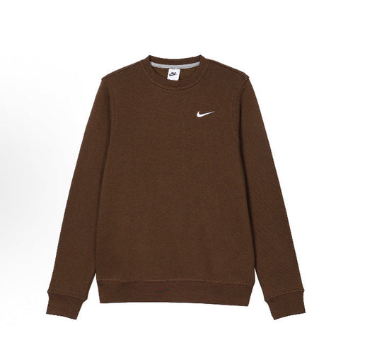 Nike crewneck fleece sweatshirt, brown with white Nike swoosh on chest