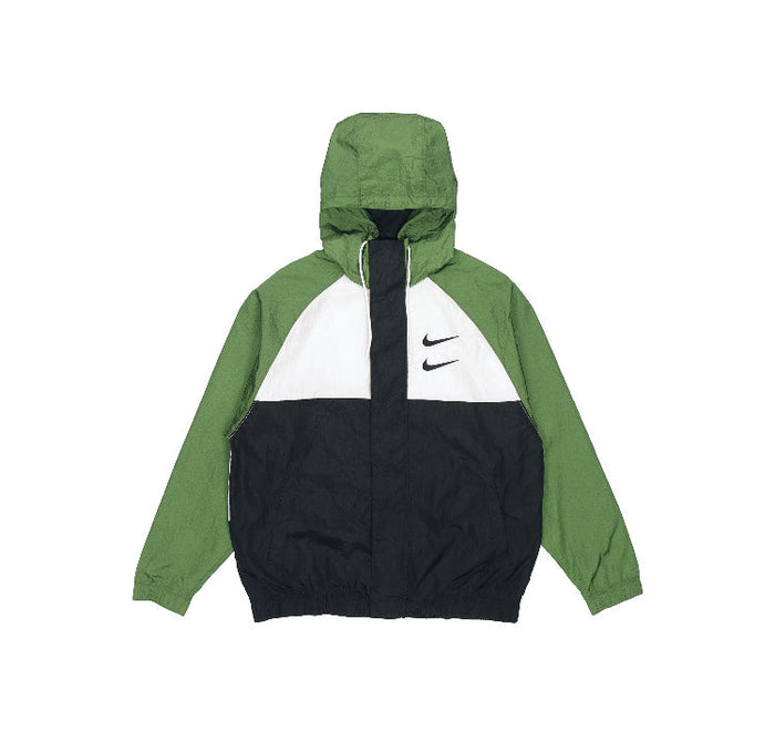 Green and black hooded Nike windbreaker jacket with white center stripe and Swoosh logo