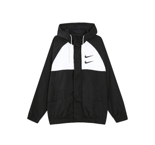 Nike hooded windbreaker jacket, black with white panel and zip front