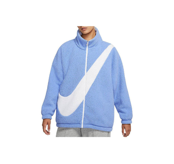 Nike reversible velvet jacket light blue front view with white swoosh and zip