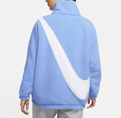 Nike reversible velvet jacket light blue back view with large white swoosh and zip