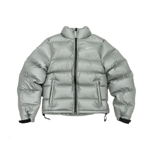 Puffer jacket with full-zip front, stand collar, Nike logo, gray metallic finish