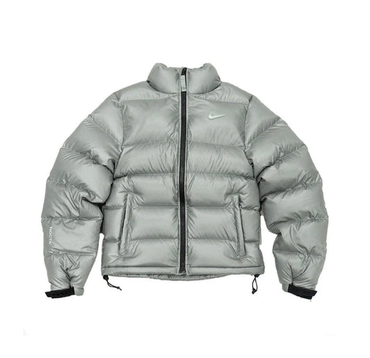 Puffer jacket with full-zip front, stand collar, Nike logo, gray metallic finish